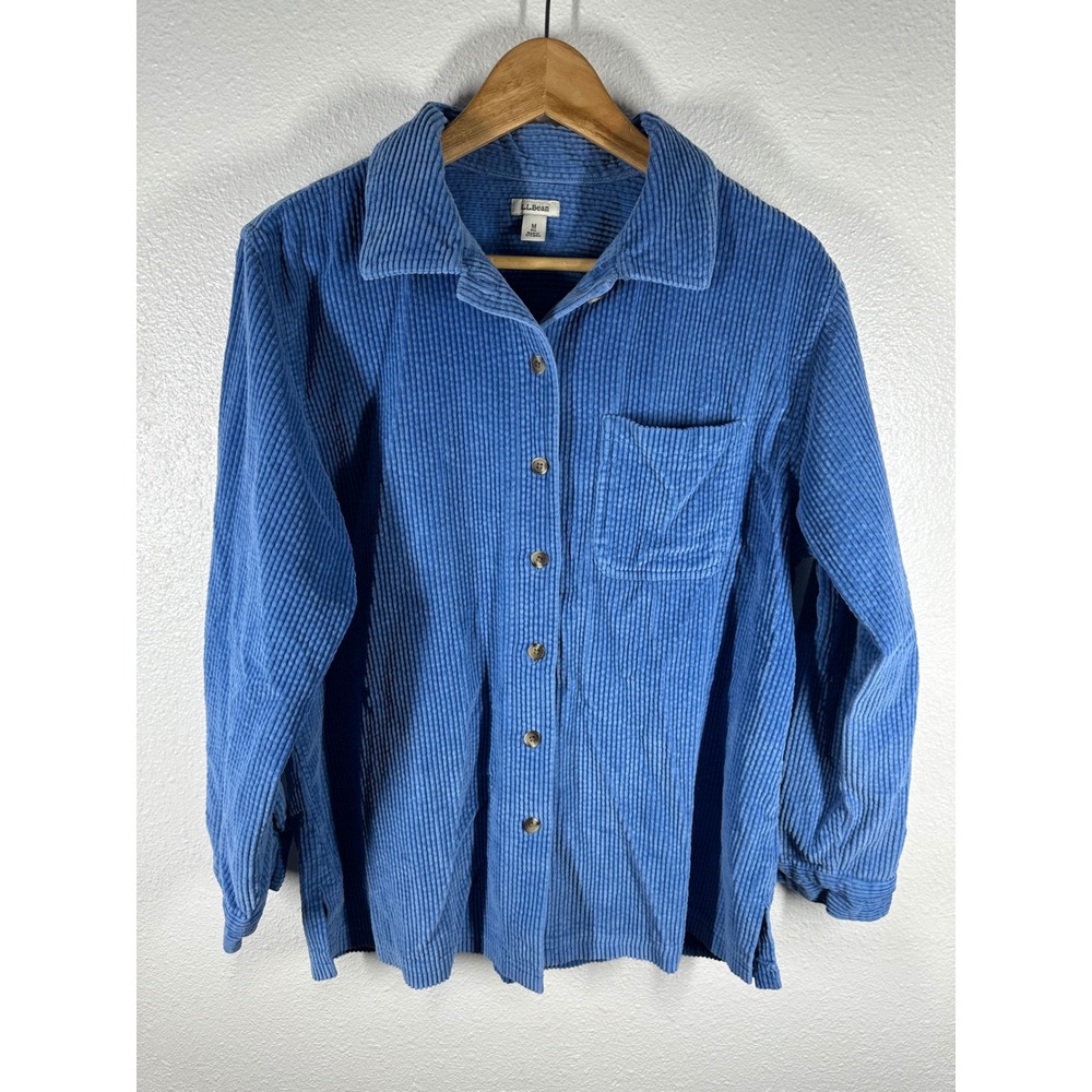 LL Bean Corduroy Shirt Womens M Blue Button Down Long Sleeve Wide Wale Pocket